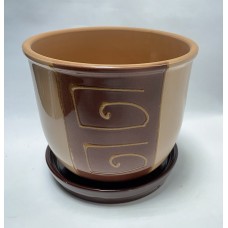 Горшок керамика с поддоном 3л (бежево-коричневый с рисунком)