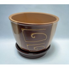 Горшок керамика с поддоном 1,5л (бежево-коричневый с рисунком)